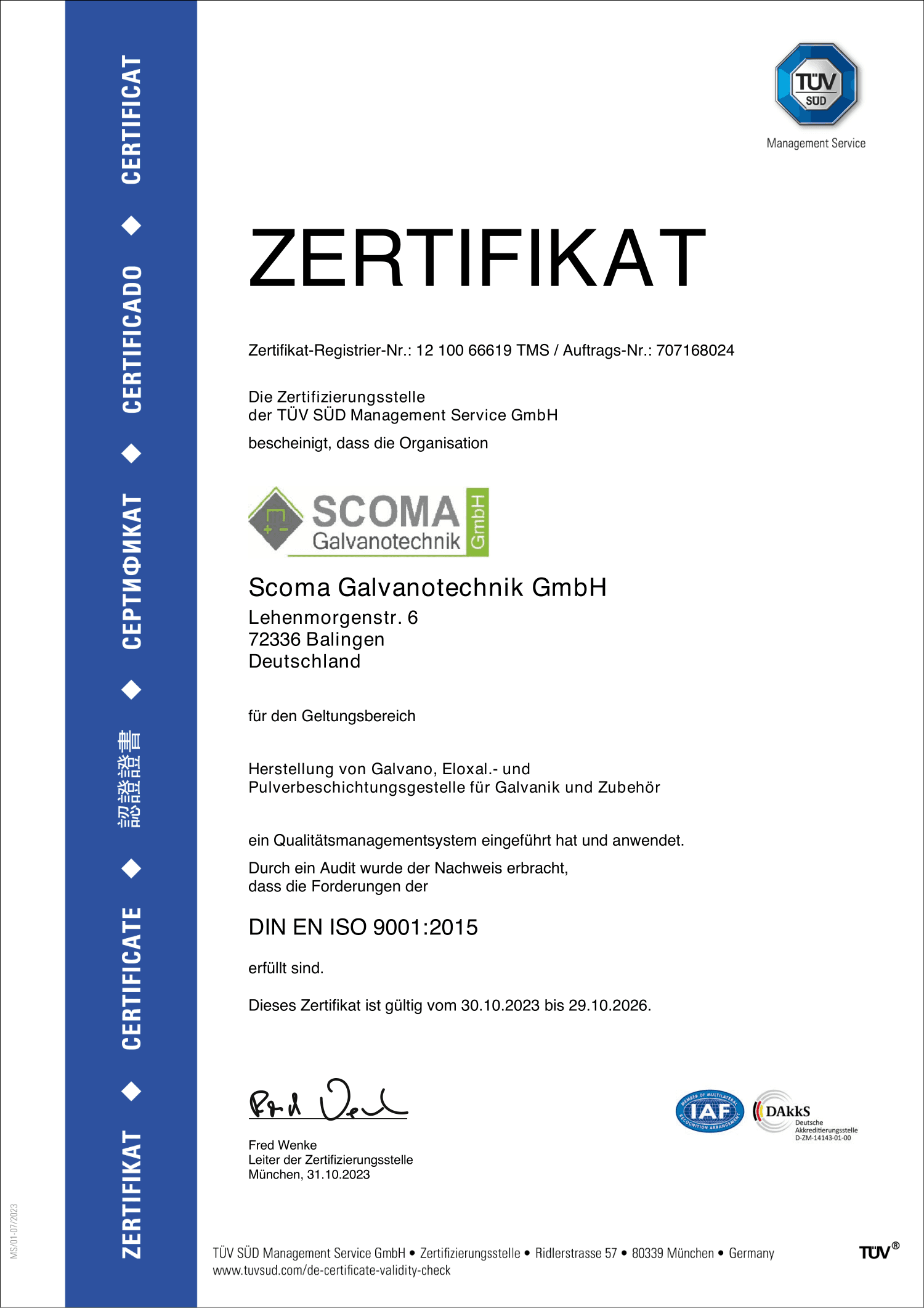 DIN EN ISO 9001:2015 Zertifikat — TÜV SÜD